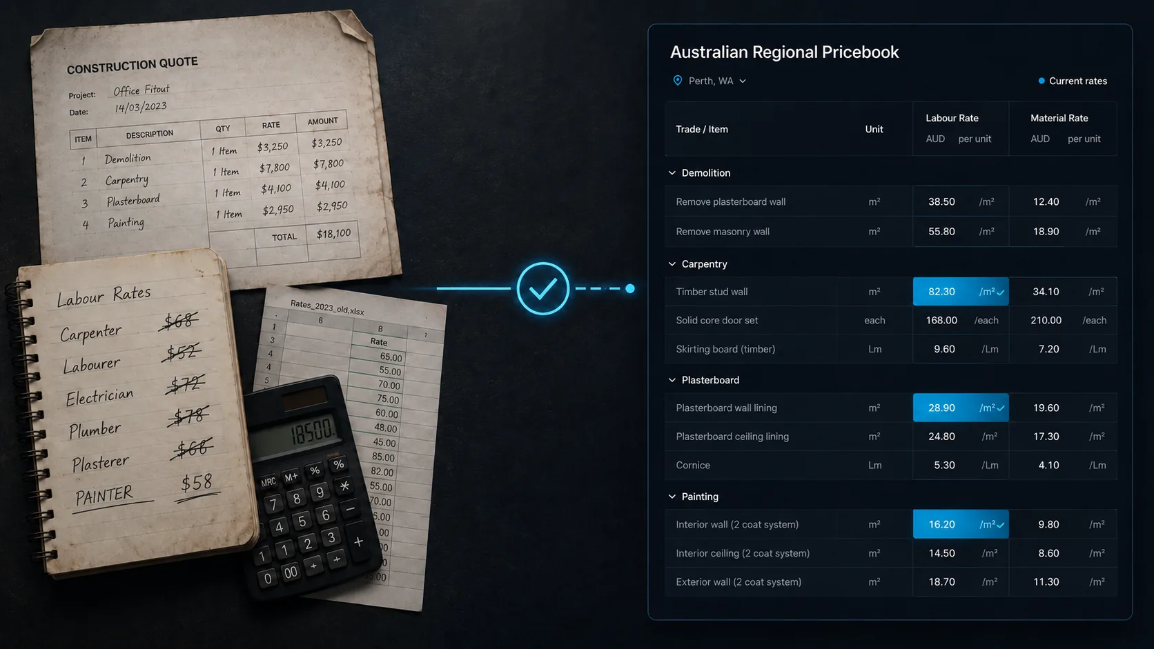 Old paper quotes, a notebook of crossed-out labour rates and a calculator replaced by the NexBilt Australian Regional Pricebook showing current Perth, WA labour and material rates per unit.